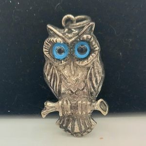 Vintage Detailed Sterling Silver Horned Owl Pendant Blue Glass Eyes Hallmarked